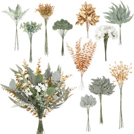 Cindeer 125 Pcs Artificial Greenery Stems Box Set with 11 Kinds of Faux Greenery Stems and Golden Leaves White Flowers Eucalyptus for DIY Bridal Bouquets Arrangement Wedding Home Decor