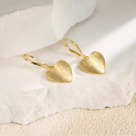 Gold Heart Dangle Drop Earrings for Women Fashion French Style Silver Brushed Heart Leverback Earrings Hypoallergenic Jewelry for Women Trendy (Gold)