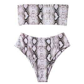 OMKAGI Women's 2 Pieces Bandeau Bikini Swimsuits Off Shoulder High Waist Bathing Suit High Cut(Medium,Snakeprint)