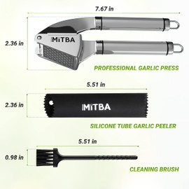MiTBA Garlic Press set- Professional Stainless Steel Mincer, User Friendly With Non-Slip Handles Easy To Clean, And Highly Durable. Crusher Silicone Tube Peeler & Cleaning Brush Included (Silver)