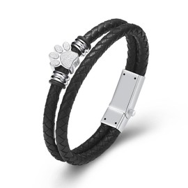 VCCWYQK Paw Print Urn Bracelet for Ashes for Men Women Memorial Cuff Bangle Braided Leather Bracelet Cremation Jewellery, Stainless Steel, No gemstone