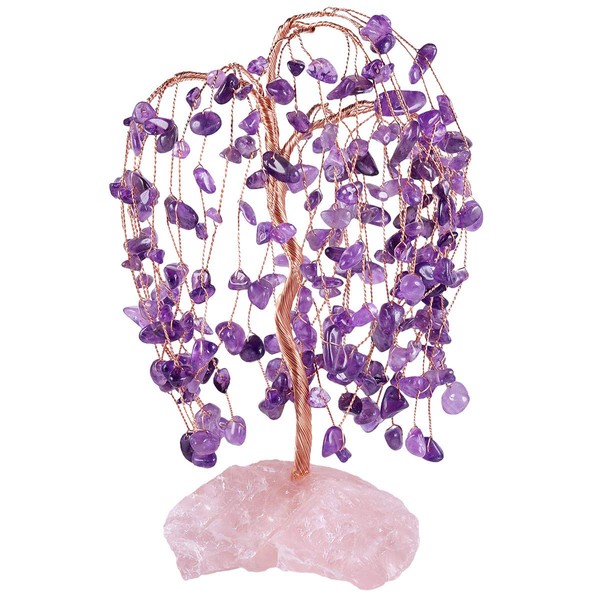 TUMBEELLUWA Natural Crystal Money Tree with Raw Rose Quartz Base Healing Copper Wire Quartz Bonsai Tree Good Luck Decor