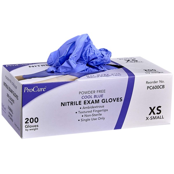 ProCure Disposable Nitrile Gloves - X-Small, 200 Count - Powder Free, Rubber Latex Free, Medical Exam Grade, Non Sterile, Ambidextrous - Soft with Textured Tips - Cool Blue
