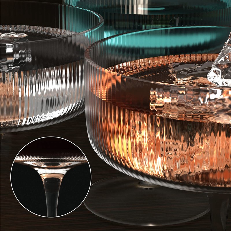 2 Pcs Ribbed Coupe Cocktail Glasses, 10 oz Classic Hand