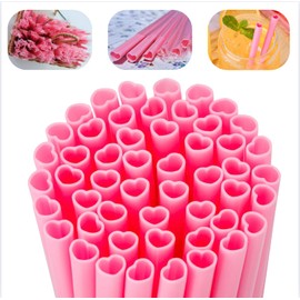 50Pcs Reusable Pink Straws，Heart-Shaped Plastic Straws，Party Straws，with Cleaning Brush, for Valentine's Day Family Bars Cafes Restaurants Parties Celebrations（Each Piece is Individually Packaged）