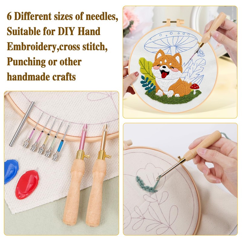 JSRQT 10Pcs Punch Needles Kit with Wooden Handles,Adjustable Punch Needle