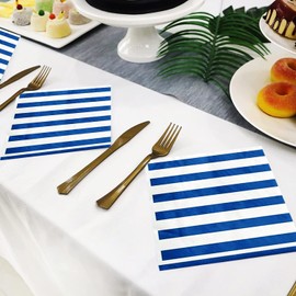 100 Pack Blue and White Stripes Napkins Stripe Cocktail Beverage Napkins WhiteBlue Striped Dessert Napkins for Bridal Baby Shower Wedding Holiday Birthday Blue and White Party Decor