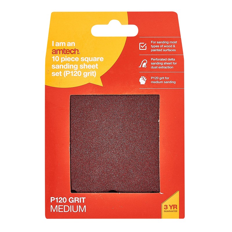 Amtech V4050 P120 Hook and Loop Square Sheets 10 Piece