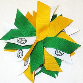 Sublimation Specialties Volleyball Pom Hair Bow - Made in The USA, Kelly/Gold, White Pony Band
