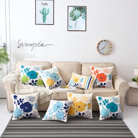 sykting Farmhouse Outdoor Throw Pillow Covers Cotton Canvas Teal and Turquoise Pillow Covers 20x20 inch Decorative for Couch Sofa Patio Porch Flowers Pattern Pack of 2