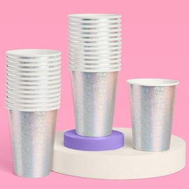 xo, Fetti Silver Iridescent Shimmer Paper Cups | 50 pcs 12 oz | Holographic Bachelorette Party Drinkware, Birthday Tablescape Supplies, NYE Disco Rave Decor
