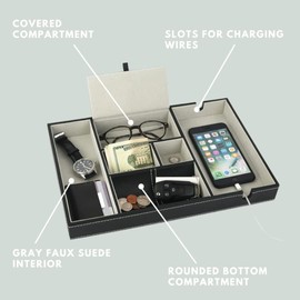 Mantello Valet Tray Organizador de mesita de noche - Regalos para hombres jóvenes, organizador de mesita de noche para hombres, bandeja de valet negra para hombres, piel