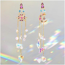 Colorful Crystal Suncatchers - 2 Pack Moon and Star Hanging Rainbow Makers for Home, Garden, and Car Decor for Birthdays, Valentine's Day Gifts, Mother's Day, and Weddings