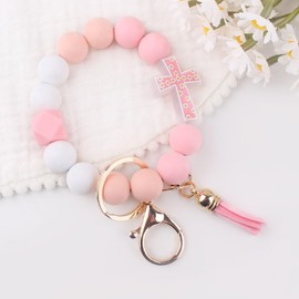 Jesemiah Flower Cross Silicone Beaded Wristlet Keychain Bracelet For Women Stretchy Charm Bracelet with Tassel Wrist Key Chain (Pink)