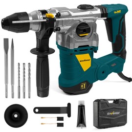 Enventor 1-1/4 Inch SDS-Plus 12.5A Heavy Duty Rotary Hammer Drill for Concrete Stone, Safety Clutch Electric Demolition Hammer Drill with 4 Functions, Vibration Control, Chisels, Drill Bits, Blue