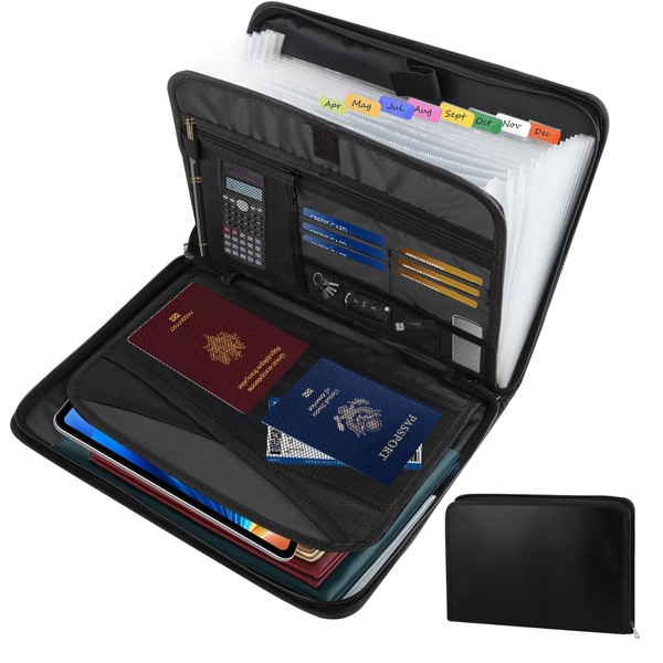 A4 Document Folder, Fireproof Document Bag with 13 Compartments and