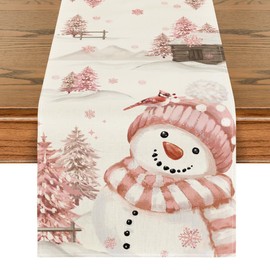 Artoid Mode Pink Snowman Christmas Table Runner, Seasonal Winter Kitchen Table Decoration, Indoor, Holiday, Party Decor, 40 x 140 cm