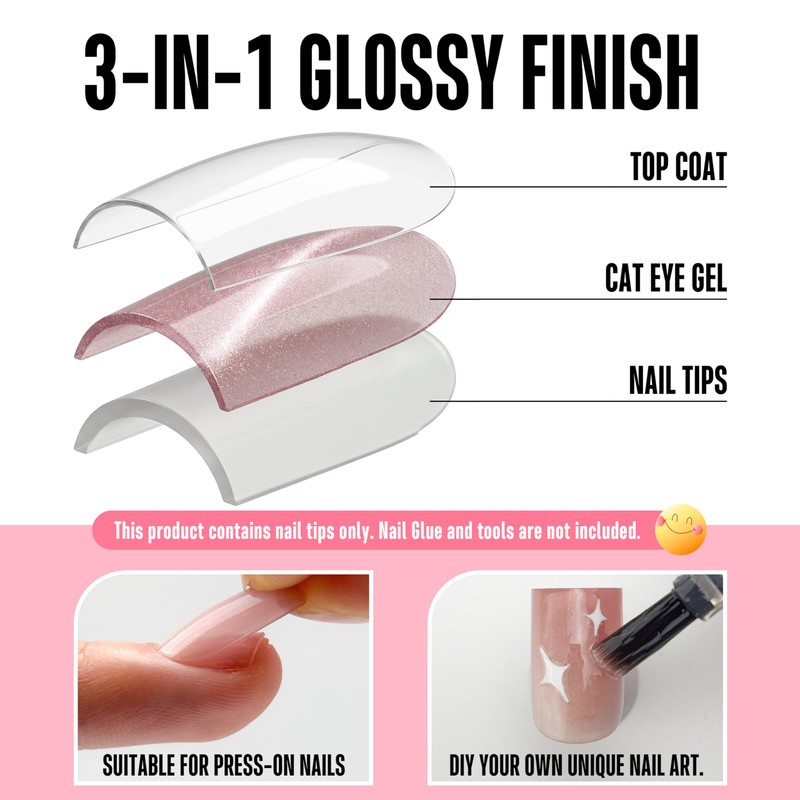 NOVO OVO Short Square Nail Tips 150Pcs Cat Eye, Light