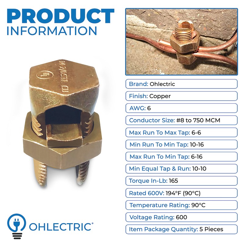 OHLECTRIC Hex Head Copper Split Bolt Connector 6 AWG (5