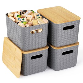 Ohmlove 4 Packs Storage Bins with Bamboo Lids - Plastic Storage Containers with Lids Stackable Storage Box：Storage Baskets for Organizing Desktop Closet Playroom Classroom Office,Gray