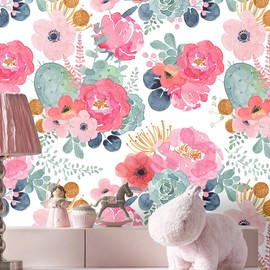 MulYeeh 17.5"x 118" Peel and Stick Wallpaper Vintage Pink Floral Wallpaper White Base Contact Paper Vinyl Waterproof Self Adhesive Renter Friendly Wall Paper Cabinet Décor