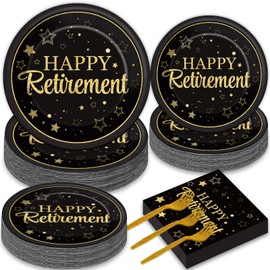 50 Guests Retirement Party Decorations Retirement Plates Napkins Set Happy Retirement Black and Golden Disposable Dinnerware Tableware Graduations Decorations Supplies Favors for Women Men, 200Pcs