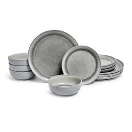 Sango Asher 12-Piece Stoneware Dinnerware Set – Service for 4, Modern Gray with Reactive Glaze, Perfect for Everyday Dining & Entertainment, Microwave & Dishwasher Safe