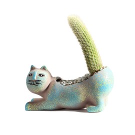 DIYOMR Cat Planter Animal Succulent Pots, Ceramic Cat Mini Flower Pots Cactus/Plants Containers for Home Office Desk Windowsill Decor, Plants Not Included (Light Blue Playful)
