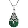 Floral Vine Ornate Teardrop Green Malachite .925 Silver Pendant Necklace