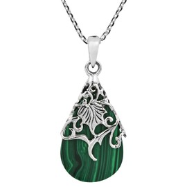 Floral Vine Ornate Teardrop Green Malachite .925 Silver Pendant Necklace