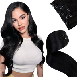 LaaVoo Real Hair Clip-In Extensions, Black, Remy Clip-In Extensions, Invisible, Black Hair Extensions, Short Straight, 5 Pieces, 80 g, 30 cm