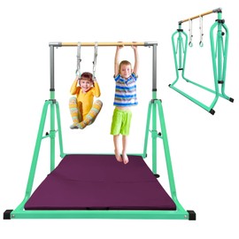 GLANT Gymnastics Bar for Kids with Swing Set, 8 Heights Adjustable Easy Folding Gymnastic Training Bar Kids Monkey Horizontal Bars - Max Load 300LBS (Green-MAT)