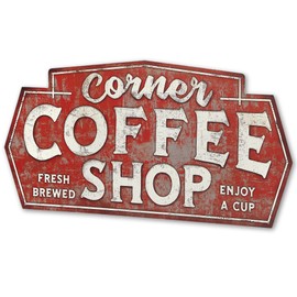 Corner Coffee Shop Metal Sign - Large Vintage Wall Decor for Dining Room, Kitchen, or Coffee Bar