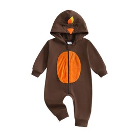 Socutebabe My First Thanksgiving Baby Girl Boy Outfit Turkey Long Sleeve Hoodie Romper Jumpsuit Cute Fall Winter Clothes (Coffee, 3-6 Months)