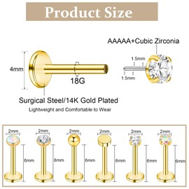 ONESING 12Pcs 18G Flat Back Nose Studs 14K Gold Threadless Flat Back Earrings Hypoallergenic Stainless Steel Nose Rings Studs Cartilage Earrings Tragus Helix Labret Lip Conch Push in Stud Earring for Women Men