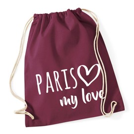 Huuraa Gym Bag Paris My Love Backpack Cotton 12 Litres Size for All Fans of France Gift Idea for Friends and Family, burgundy, daypack