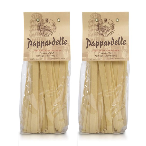 Morelli Pappardelle Pasta Noodles - Organic Pasta With Wheat Germ - Imported Pasta from Italy, Pappardelle Noodles Pasta, Wide Noodles, 17.6oz (500g) - Pack of 2