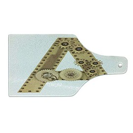 Ambesonne Letter A Cutting Board, Steampunk Mechanical Alphabet Letter Font A Photo Compilation Cogwheel Clench, Decorative Tempered Glass Cutting and Serving Board, Wine Bottle Shape, Sand Brown