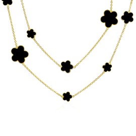 Bling Jewelry Black Clover Flower Long Gold Plated Brass Station Tin Cup Chain Wrap Layer Necklace for Women 42 Inch