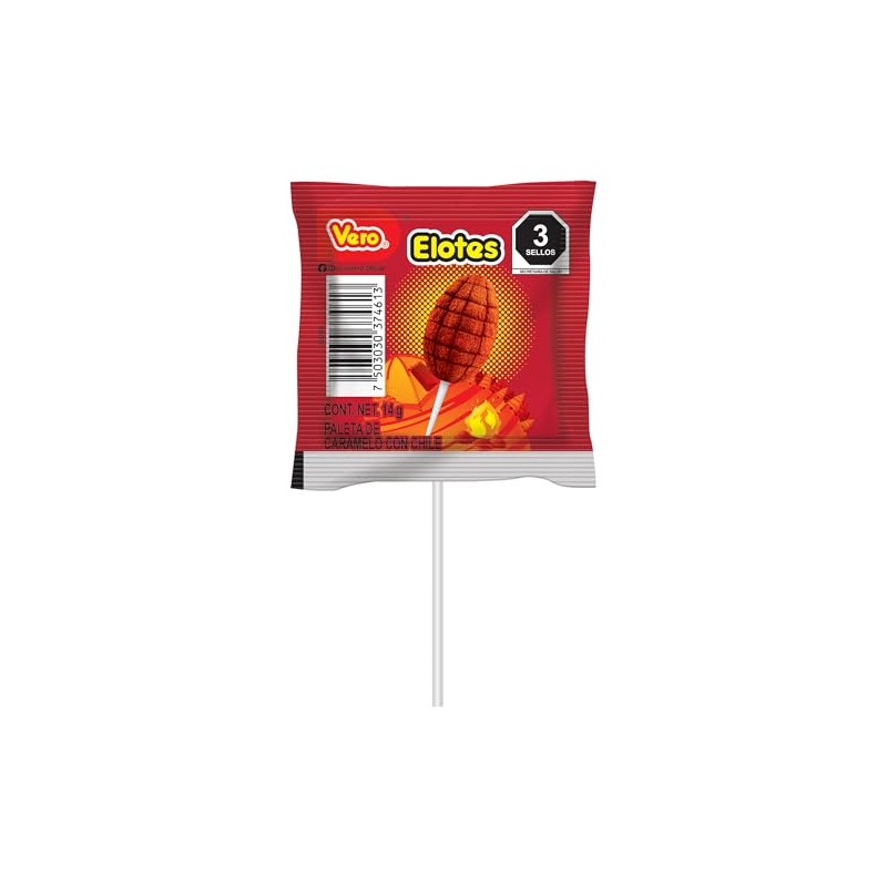 Paleta Elotes de caramelo con chile, Bolsa 40pz de 14g
