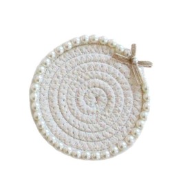 Woven Cotton Coaster with Bow Pearl Edge, Desktop Decoration Accessories Cup Mat, Round Woven Coaster for Home Decoration, 4.7 Inches (White)