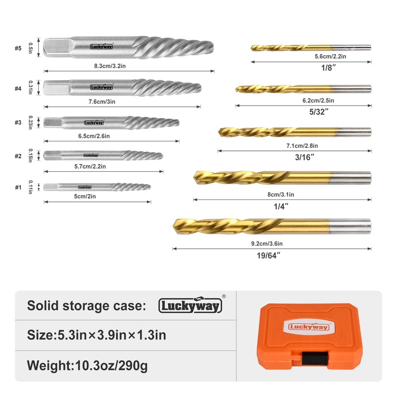Luckyway 10-Piece Screw Extractor and Left Hand Drill Bit Set,