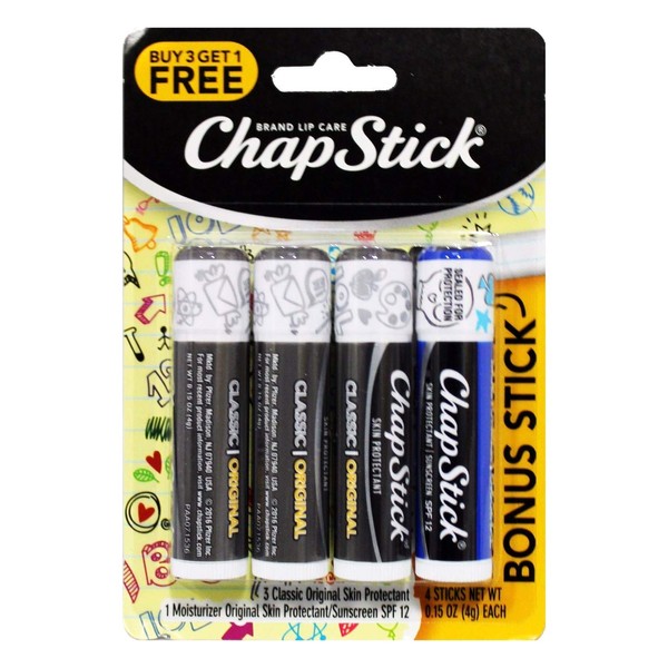 ChapStick Bonus Pack 3 Classic Original Skin Protectant + 1 Moisturizer Original Skin Protectant/Sunscreen SPF 12