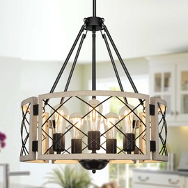 Sigaitwei 18.9'' Farmhouse Drum Chandelier, 5-Light Adjustable Dining Room Light Fixture Kitchen Island Lighting, Rustic Hanging Lights for Entryway Dining Room Kitchen Table Foyer Living Room.