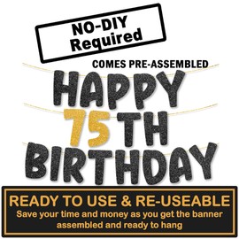 TOYVENTURES 75th Birthday Banner pre strung - NO DIY - Gold Glitter 75th Birthday Decorations for Women & Men, Party Banner - Party Decor Sign Funny Party Supplies, Did we mention NO DIY?