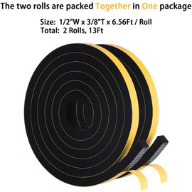 JONSUNG Weather Stripping Tape, Door Draught Excluder Seal Strip for Doors and Windows, Soundproofing Self Adhesive Foam Insulation Seal Strip, 1/2"W x 3/8"T x 6.56Ft, 2 Rolls, Total 13Ft
