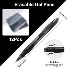 EUSOAR Erasable Pens Black, 12 Pack Eraser Pen Fine Point (0.7mm) Smooth Writing, Retractable Gel Ink Pens Make Mistakes Disappear for Note Taking Planner Sudoku Sketching Crossword Puzzles