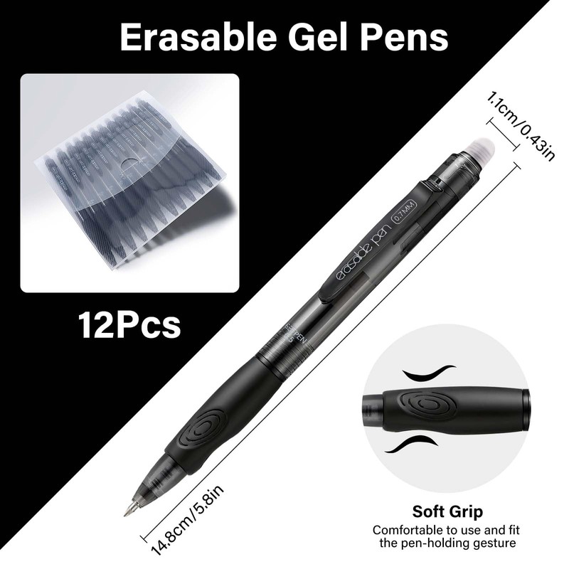 EUSOAR Erasable Pens Black, 12 Pack Eraser Pen Fine Point