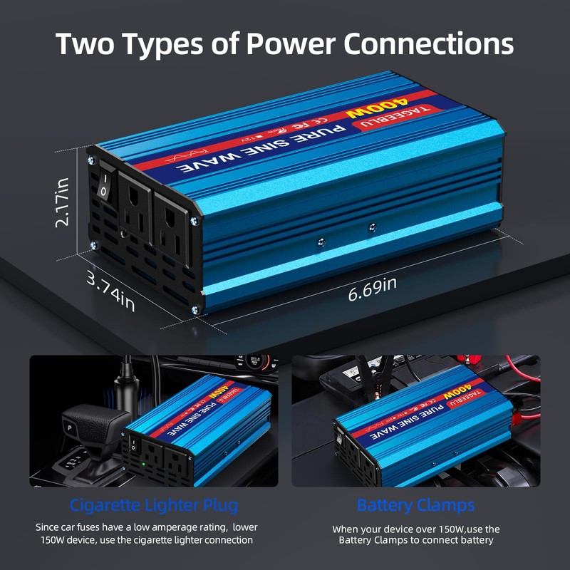 400W Pure Sine Wave Power Inverter 12V DC to 110V