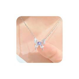 Aneneiceera Vintage Crystal Butterfly Pendant Necklace Silver CZ Butterfly Choker Hollow CZ Purple Necklace Filigree Butterfly Necklace Chain Jewellery for Women and Girls, Zinc